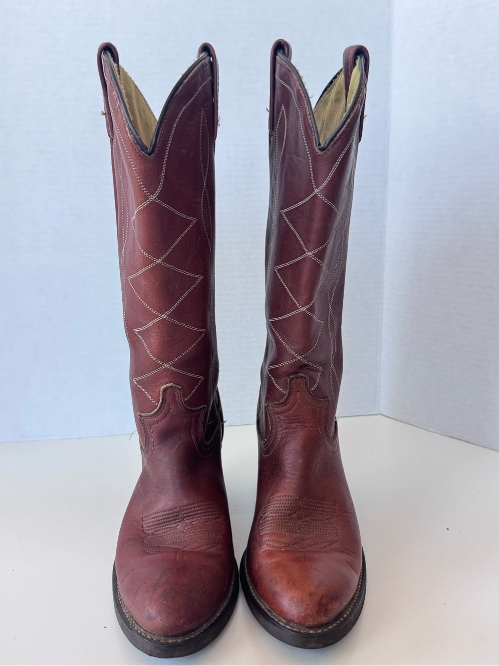 Vintage 70s Acme Western Cowgirl Stitch Brown Leather Heel Tall Boots Size 6.5 - Picture 2 of 10